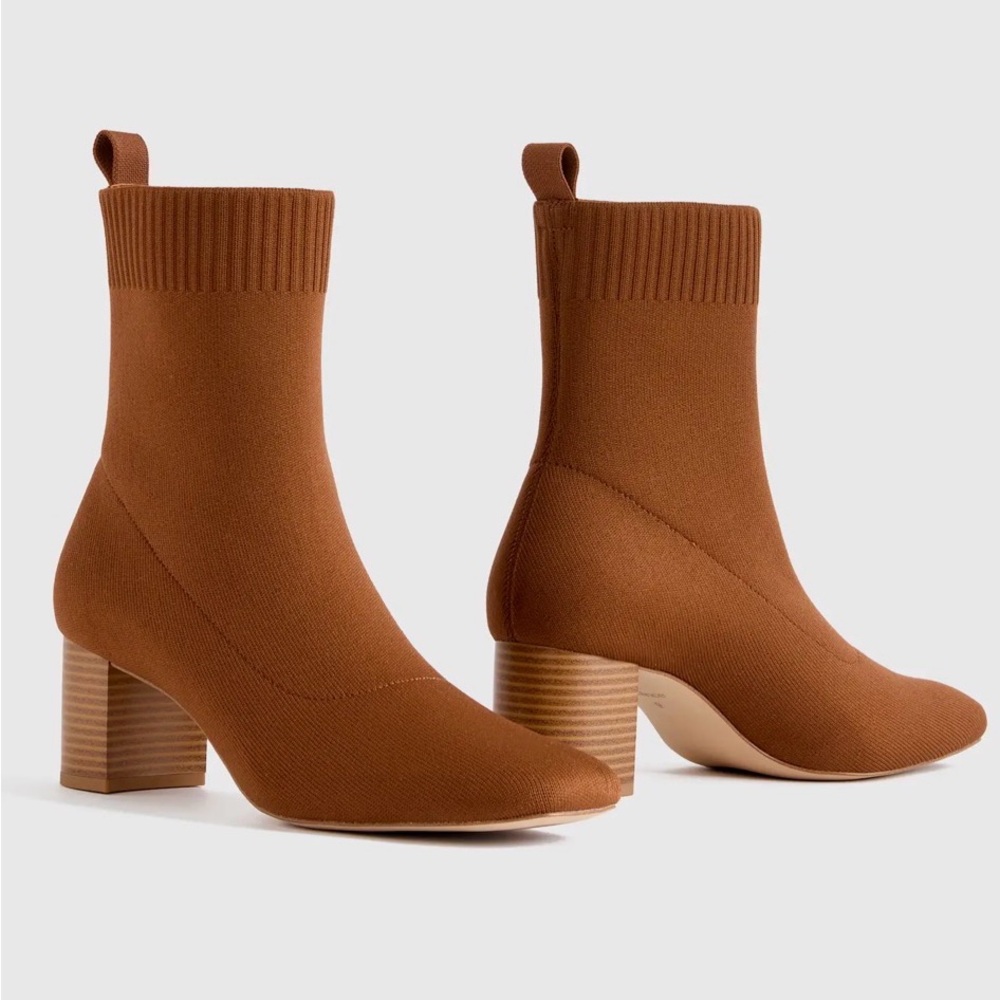 Quince Eco Knit Heeled Bootie Cognac Tan Size 8 NWT